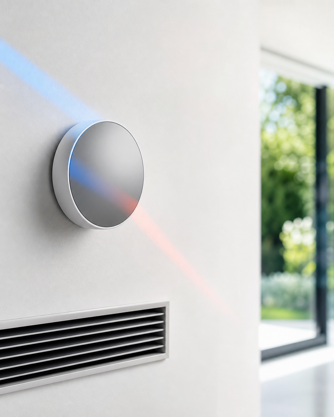 A minimal wall sensor and air grille in a bright, modern home